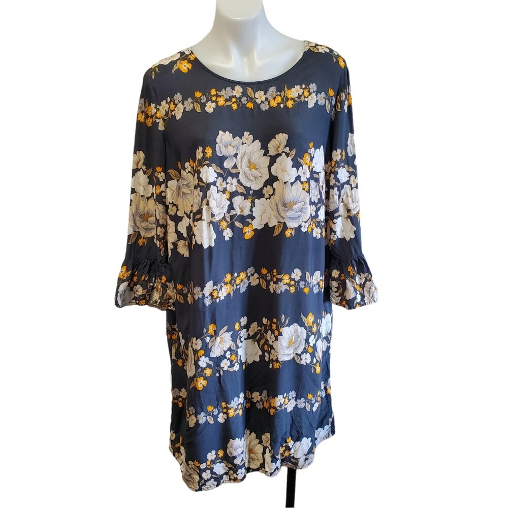 OLD NAVY Gray & Yellow Floral Bell Sleeve Shift Dress Retro Style Sz XL/Med NWNT